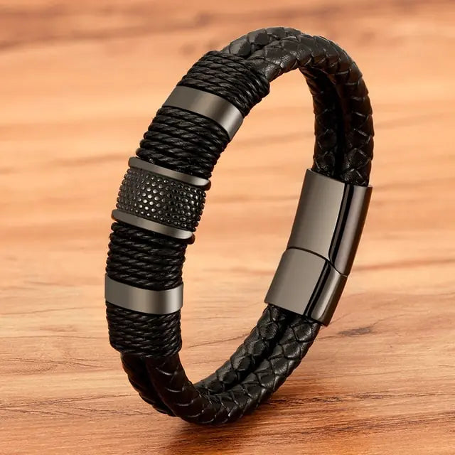 Regalo para Papá - Pulsera de Cuero para Hombre Cuerda trenzada cuero acero negro