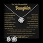 Conjunto de regalo de collar y aretes con nudo de amor en oro blanco "Para mi hermosa hija: endereza tu corona"