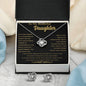 Conjunto de regalo de collar y aretes con nudo de amor en oro blanco "Para mi hermosa hija: endereza tu corona"