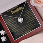 Conjunto de regalo de collar y aretes con nudo de amor en oro blanco "Para mi hermosa hija: endereza tu corona"