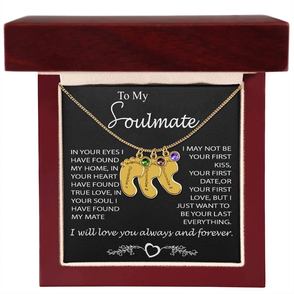 Colar com pedras de nascimento gravadas em forma de pés de bebê para presente de alma gêmea "Seu último tudo"