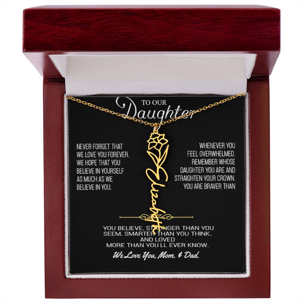 Collar personalizado con firma de flor de nacimiento para hija de mamá y papá en oro y plata