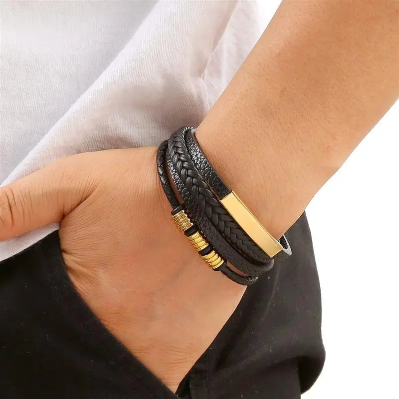 Presente para o pai pulseira de couro masculina de três camadas
