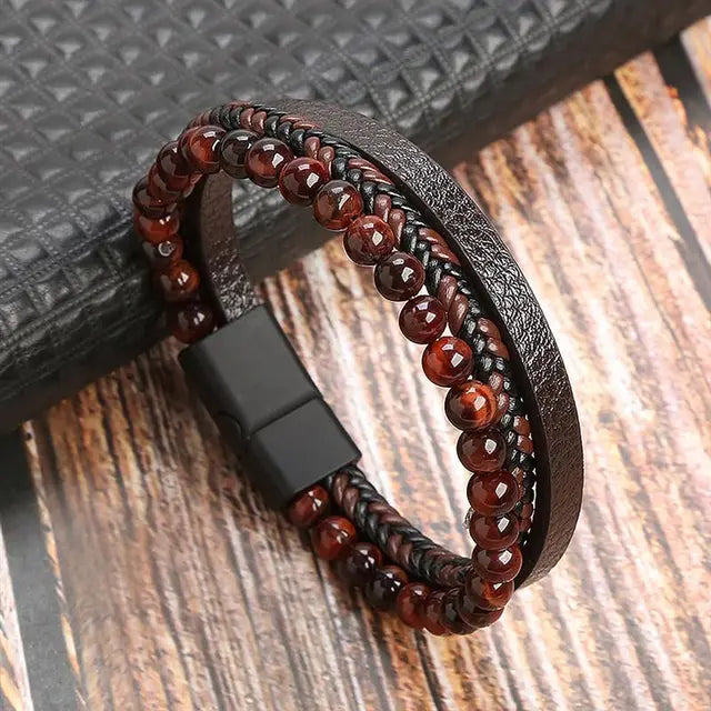 Presente para o pai pulseira de couro masculina de três camadas