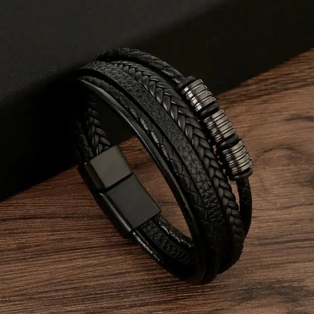 Presente para o pai pulseira de couro masculina de três camadas