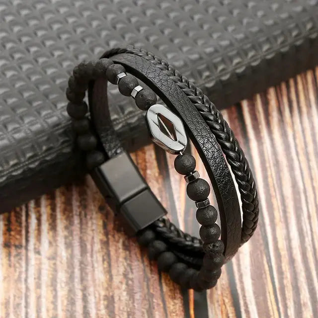Presente para o pai pulseira de couro masculina de três camadas