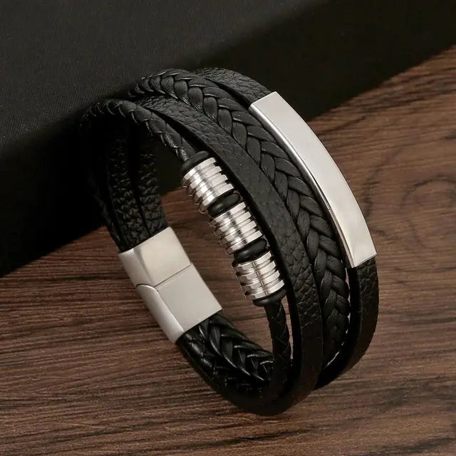 Presente para o pai pulseira de couro masculina de três camadas