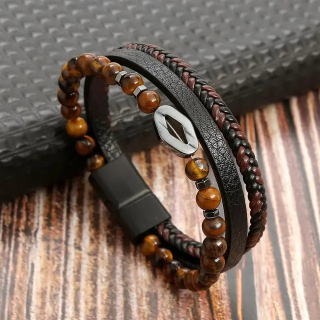 Presente para o pai pulseira de couro masculina de três camadas