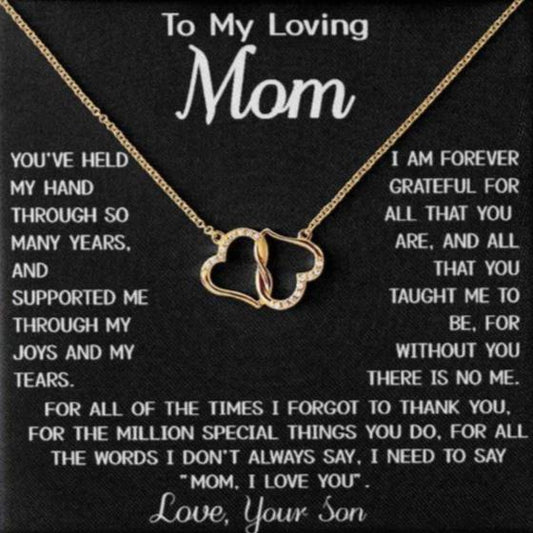 Para mi madre, collar de oro macizo con corazones interconectados. Regalo "Alegrías y lágrimas, ama a tu hijo" con tarjeta con mensaje