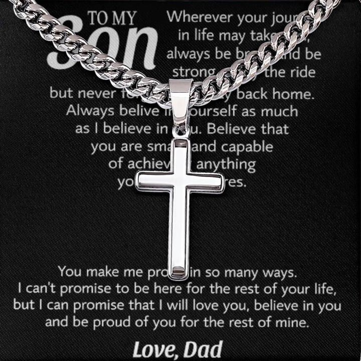 To My Son -  from Dad  “Never forget your way back home ” Cross Cuban Chain Necklace Gift