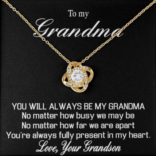 Para la abuela, de parte del nieto: "Siempre serás mi abuela". Collar con nudo de amor dorado como regalo. 