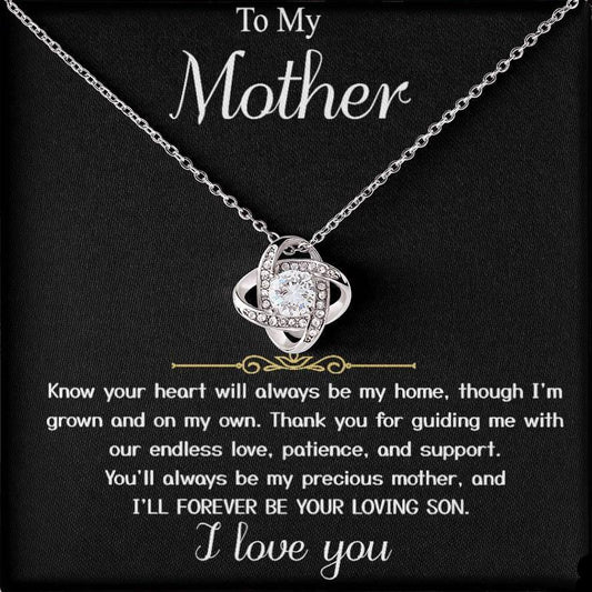 Para mi madre - De mi hijo "Seré por siempre tu hijo amado" - Tarjeta con mensaje de nudo de amor, collar con forma de corazón 