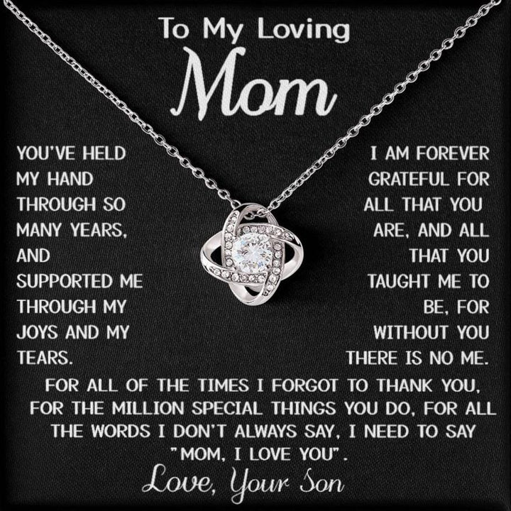 To My Mother White Gold Love Knot necklace gift "Joys and Tears Love your Son" w/ Message Card