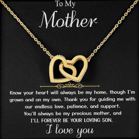 Para mi madre - De mi hijo "Seré por siempre tu hijo amado" - Tarjeta con mensaje de corazones de amor, collar con forma de corazón 