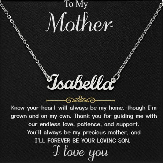 Para mi madre - De mi hijo "Seré por siempre tu hijo amado" - Nombre de firma 001 Tarjeta de mensaje Collar de corazón