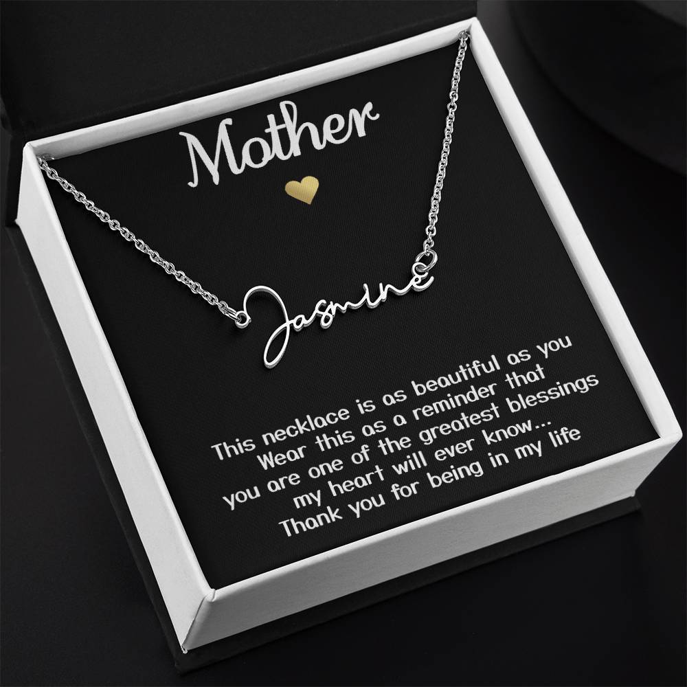 Collar de oro blanco para mi madre, regalo "gracias por estar en mi vida" con tarjeta de mensaje, collar con nombre de firma 002a 
