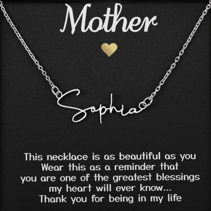 Collar de oro blanco para mi madre, regalo "gracias por estar en mi vida" con tarjeta de mensaje, collar con nombre de firma 002a 