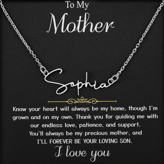 Para mi madre - De mi hijo "Seré por siempre tu hijo amado" - Nombre de firma 002 Tarjeta de mensaje Collar de corazón