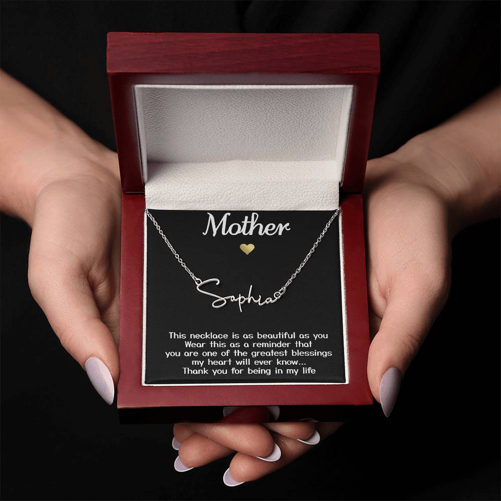 Collar de oro blanco para mi madre, regalo "gracias por estar en mi vida" con tarjeta de mensaje, collar con nombre de firma 002a 