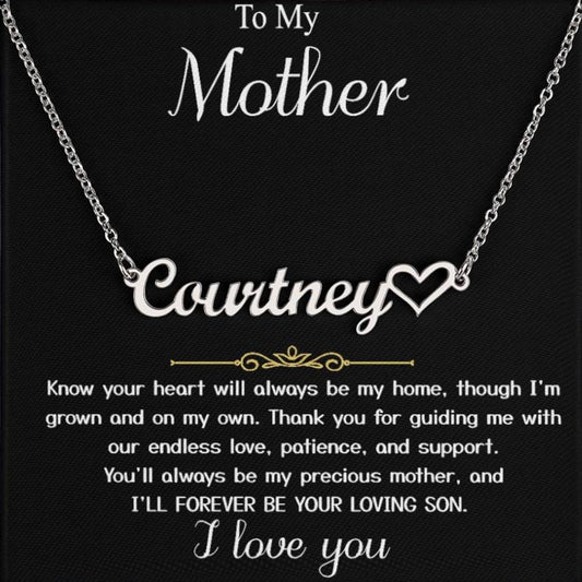 Para mi madre - De mi hijo "Seré por siempre tu hijo amado" - Nombre de firma 003 Tarjeta de mensaje Collar de corazón 