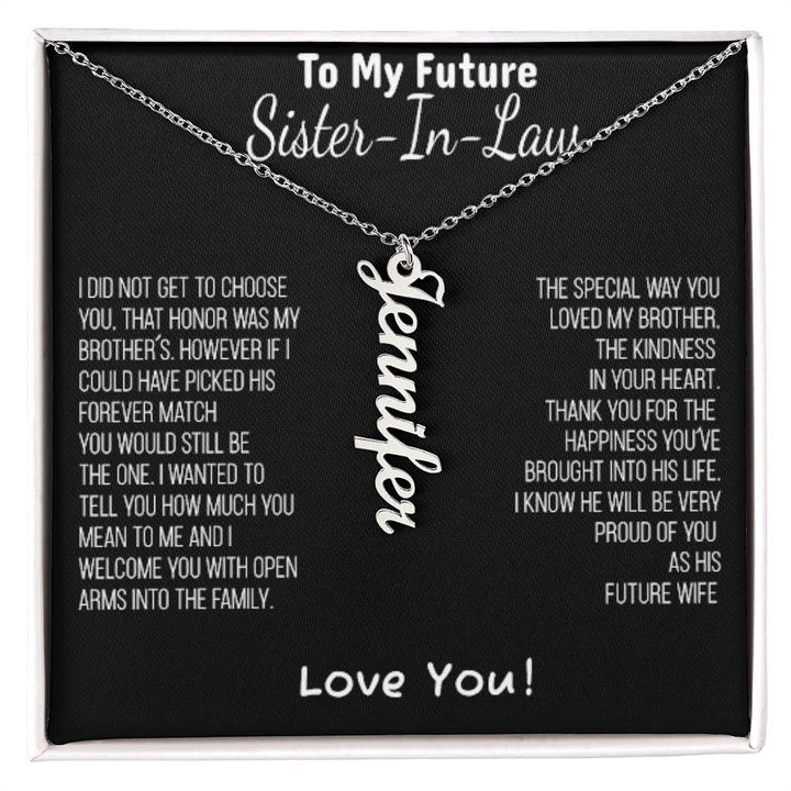 Future Sister In Law Gift- "Thank you for the happiness" Vertical Name Necklace Gold - Sister-In-Law Gift Set