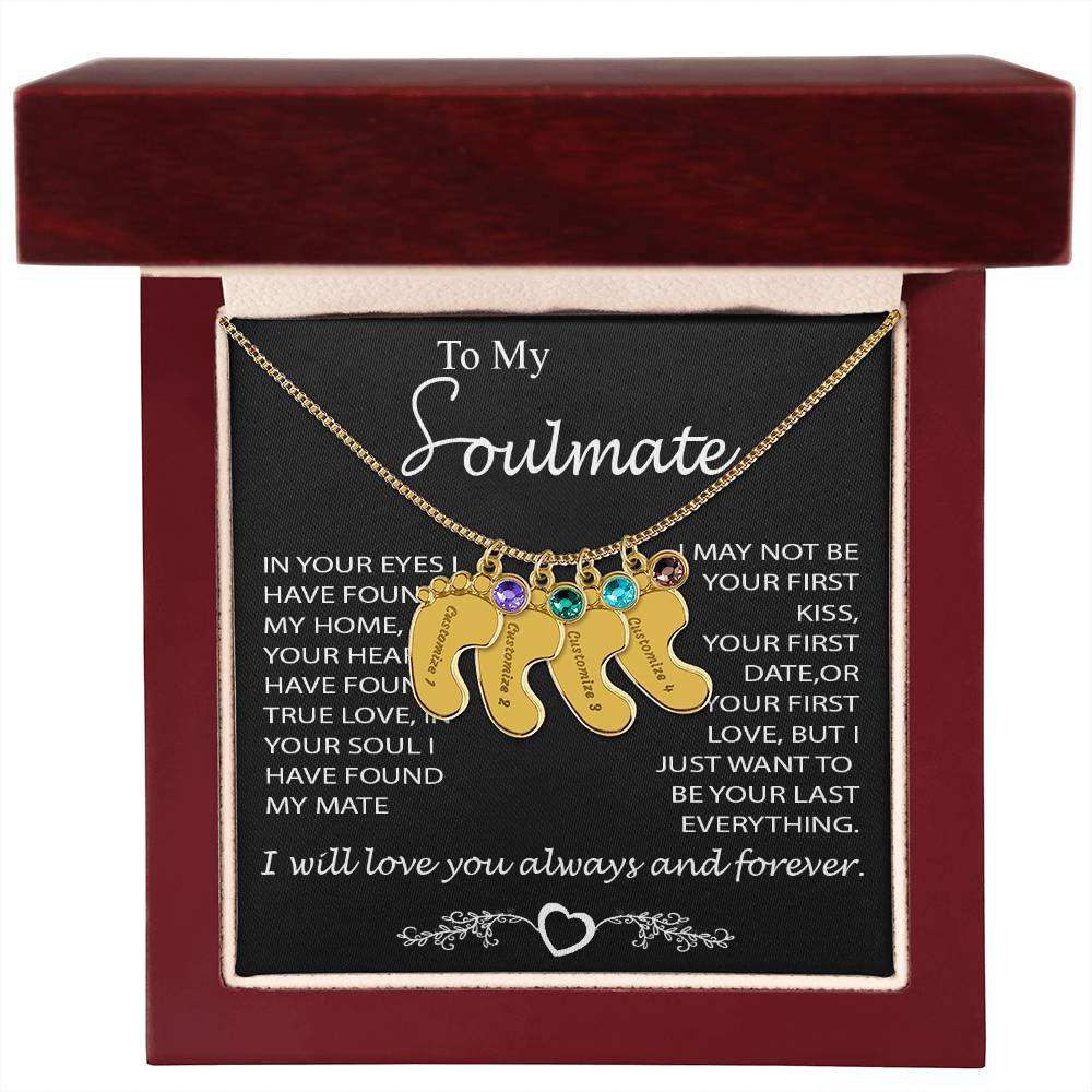 Colar com pedras de nascimento gravadas em forma de pés de bebê para presente de alma gêmea "Seu último tudo"