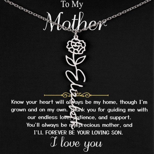 Para mi madre - De mi hijo "Seré por siempre tu hijo amado" - Collar con mensaje en forma de flor, nombre y firma