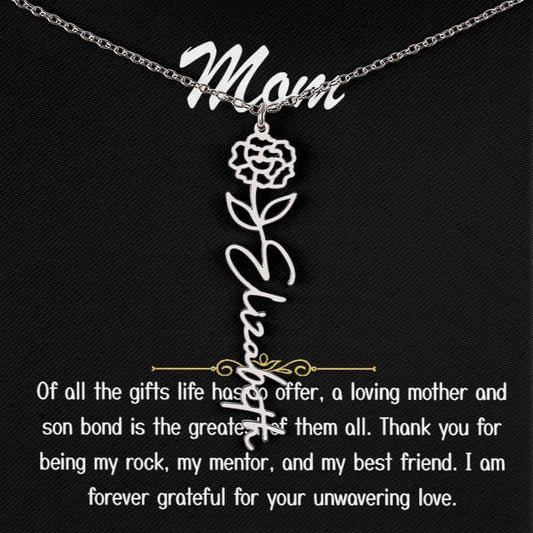 Para mi mamá: collar con nombre característico de amor inquebrantable, flor del mes de nacimiento, personalizado