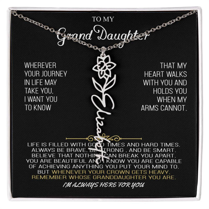 Collar con nombre y flor del mes de nacimiento en oro de 18 quilates "Recuerda de quién eres nieta" - Hermoso juego de regalo 