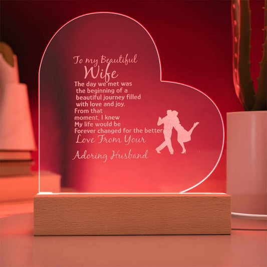 Para mi bella esposa - De mi esposo - Placa de acrílico con forma de corazón grabada con luz LED