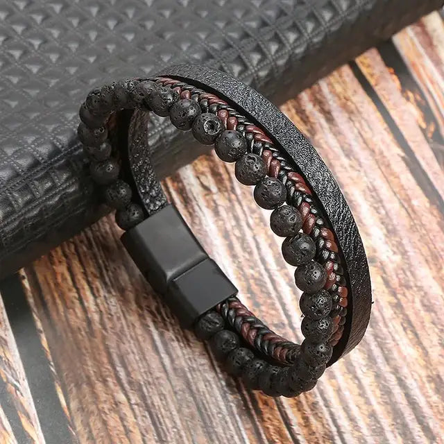 Presente para o pai pulseira de couro masculina de três camadas
