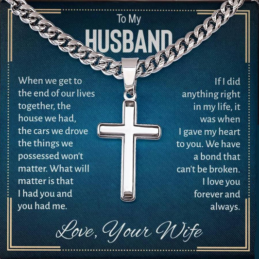 Para mi esposo -de mi esposa- Te amo por siempre - Collar con cruz en cadena cubana artesanal